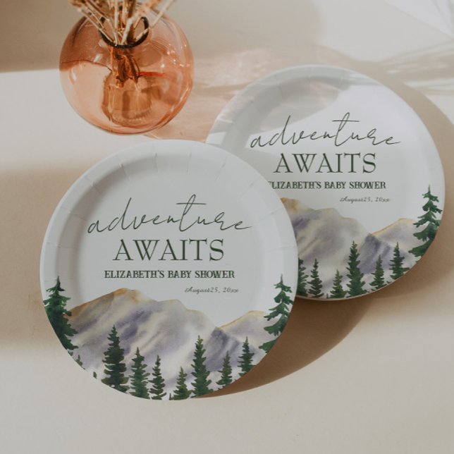 Adventure Awaits Watercolor Mountains Baby Shower Paper Plate (Creator Uploaded)