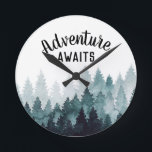 Adventure Awaits Watercolor Rustic Forest   Round Clock<br><div class="desc">watercolor painted rustic forest "adventure awaits" clock. Customisable!</div>