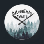 Adventure Awaits Watercolor Rustic Forest   Round Clock<br><div class="desc">watercolor painted rustic forest "adventure awaits" clock. Customisable!</div>