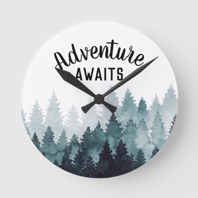 Adventure Awaits Watercolor Rustic Forest   Round Clock (Front)