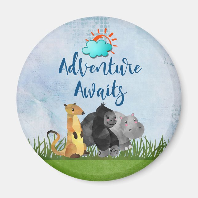 Adventure Awaits Watercolor Safari Jungle Animals Magnet (Front)