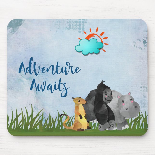 Adventure Awaits Watercolor Safari Jungle Animals Mouse Mat (Front)