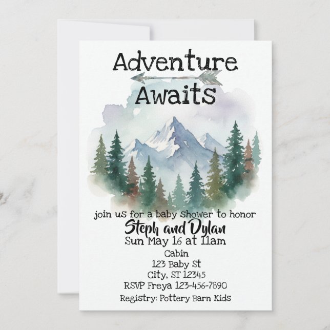 Adventure Awaits, Watercolor Woods Baby Shower Invitation (Front)