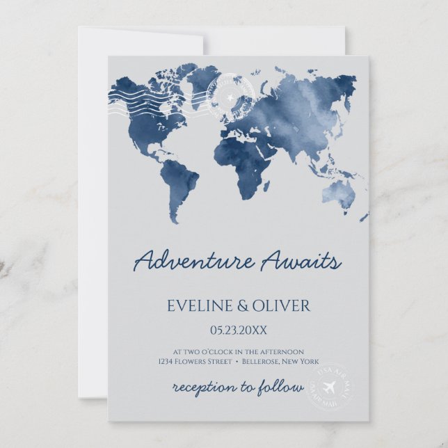 Adventure awaits watercolor world map wedding invitation (Front)