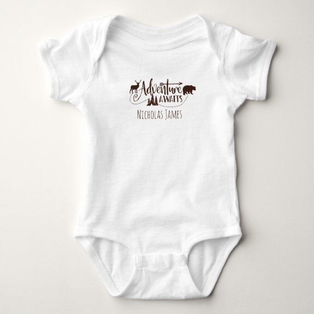 "Adventure Awaits" Wilderness Personalised Baby Bodysuit (Front)