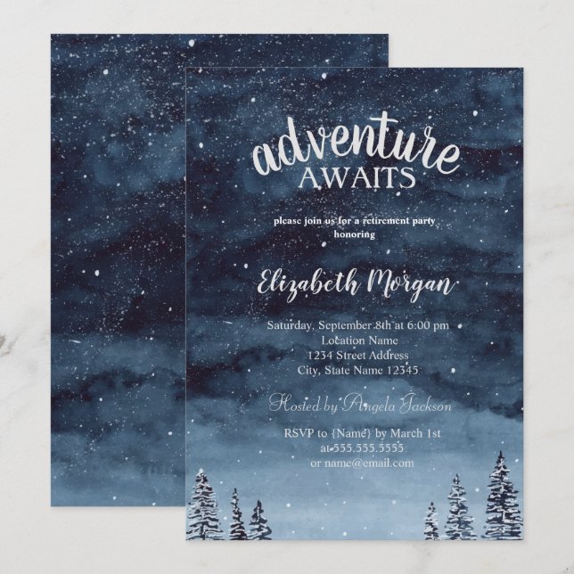 Adventure Awaits Winter Forest Retirement Party Invitation (Front/Back)