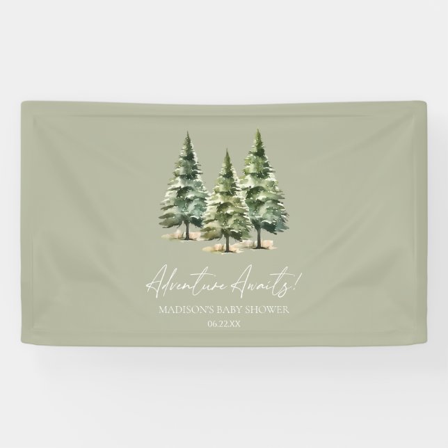 Adventure Awaits! Winter Pine Trees Baby Shower Banner (Horizontal)