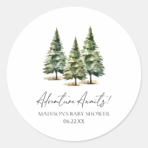 Adventure Awaits! Winter Pine Trees Baby Shower Classic Round Sticker