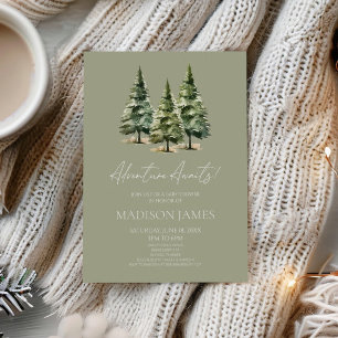 Adventure Awaits! Winter Pine Trees Baby Shower Invitation