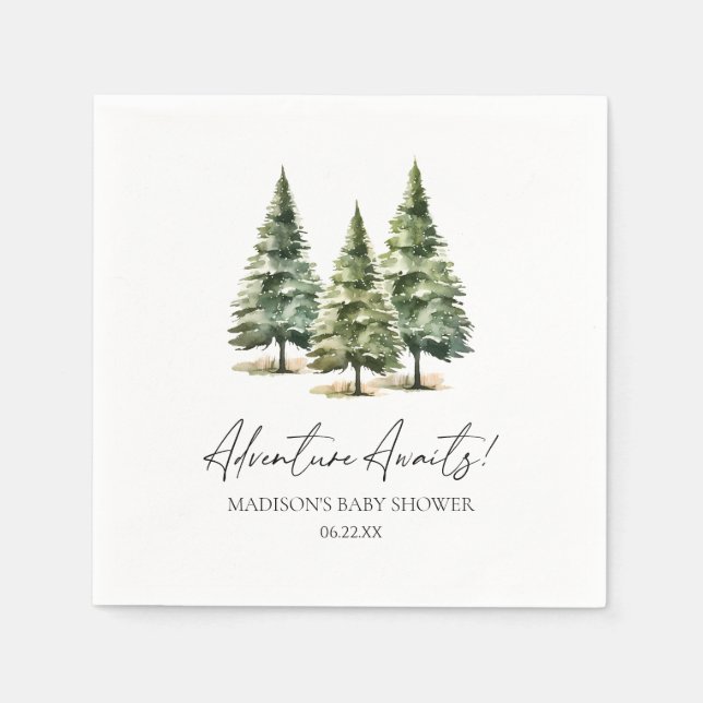 Adventure Awaits! Winter Pine Trees Baby Shower Napkin (Front)