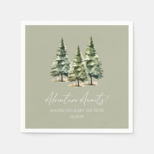 Adventure Awaits! Winter Pine Trees Baby Shower Napkin (Front)