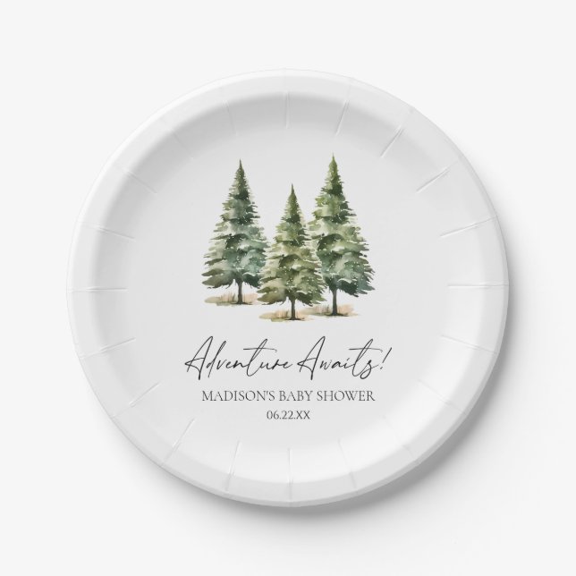 Adventure Awaits! Winter Pine Trees Baby Shower Paper Plate (Front)