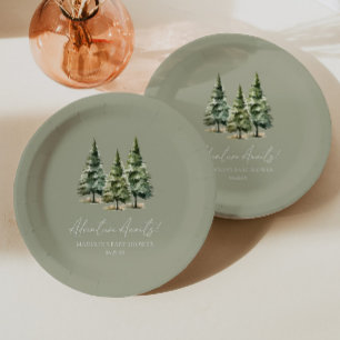Adventure Awaits! Winter Pine Trees Baby Shower Paper Plate