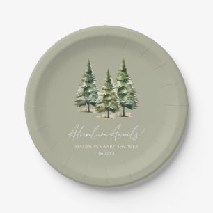 Adventure Awaits! Winter Pine Trees Baby Shower Paper Plate