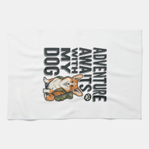 Adventure Awaits With My Dog Vintage Hiking Design Tea Towel