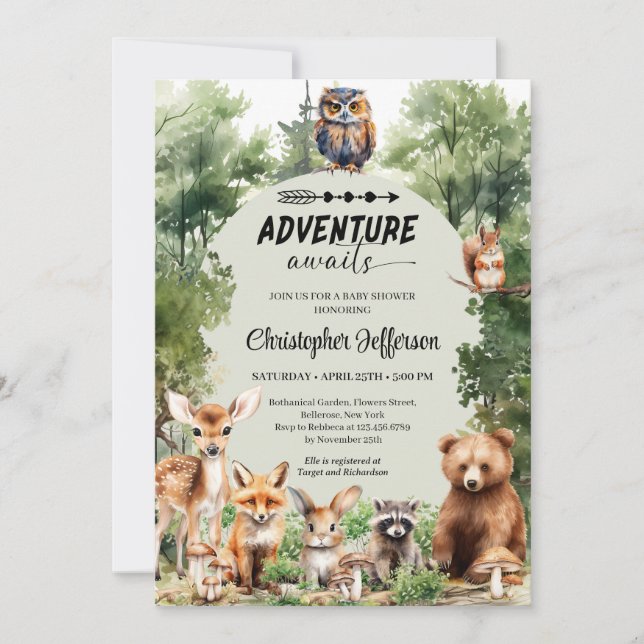 Adventure Awaits woodland animal Baby Shower Invitation (Front)