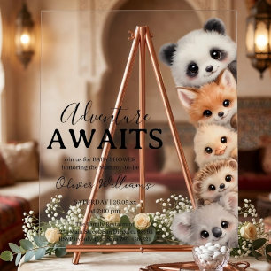 Adventure Awaits Woodland Animals Baby Shower Acrylic Sign