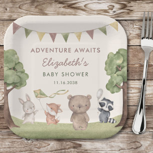 Adventure Awaits Woodland Animals Baby Shower Paper Plate