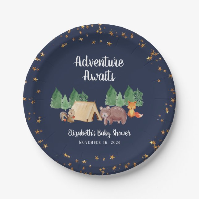 Adventure Awaits Woodland Animals Baby Shower Paper Plate (Front)