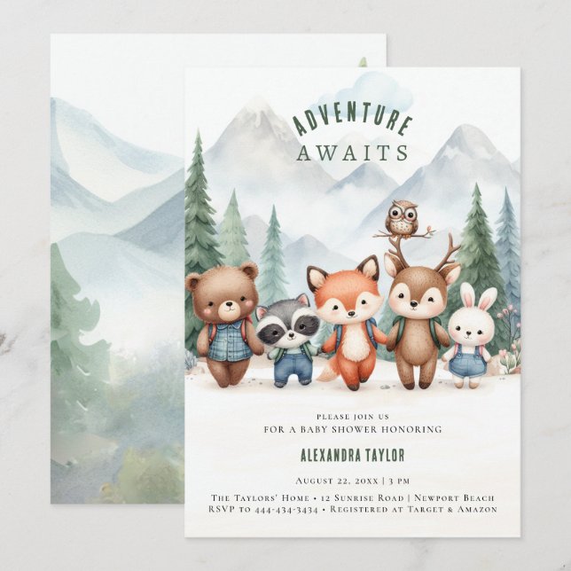 Adventure Awaits Woodland Animals Boy Baby Shower Invitation (Front/Back)