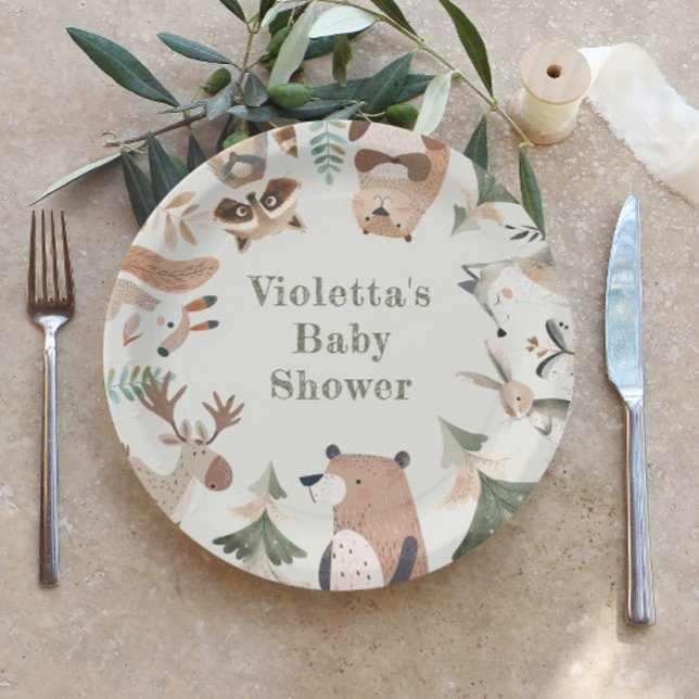 Adventure awaits Woodland animals Cute Baby shower Paper Plate (Creator Uploaded)