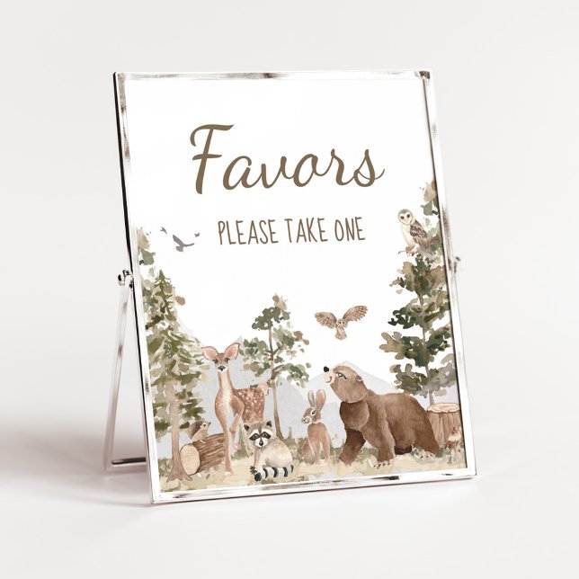 Adventure Awaits Woodland Animals Favours Poster (Woodland Animals Adventure Awaits Baby Shower Favors Sign)