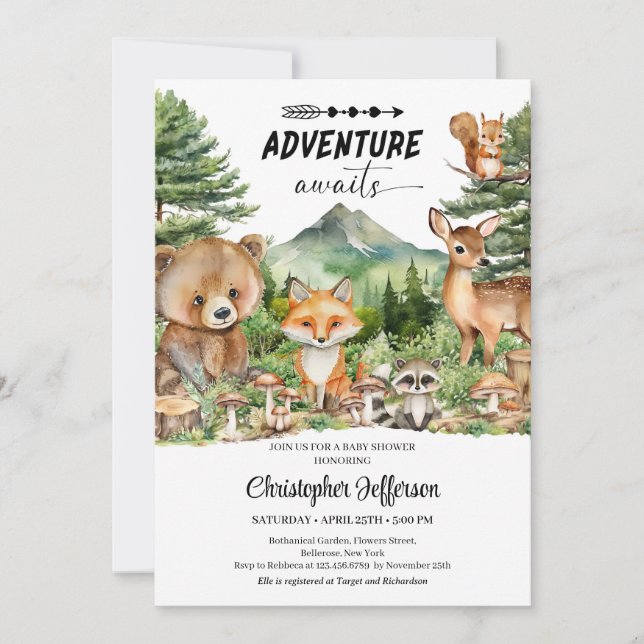 Adventure awaits Woodland Animals Forest Shower Invitation (Front)