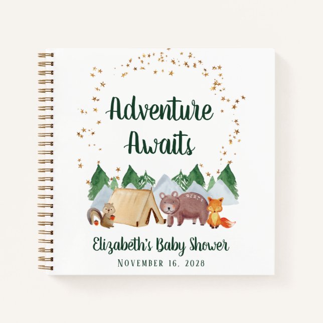 Adventure Awaits Woodland Baby Shower Guest Book (Front)