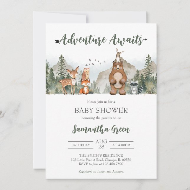 Adventure Awaits Woodland Baby Shower Invitation (Front)