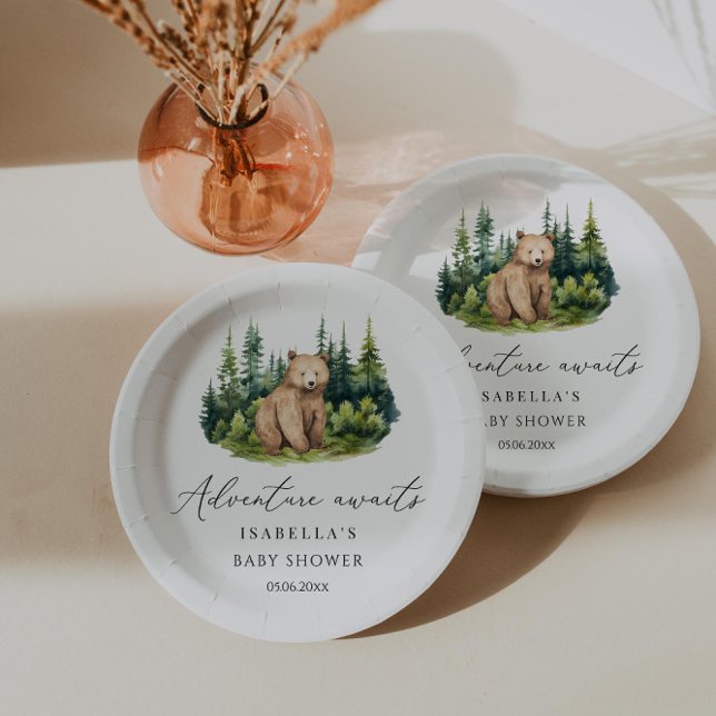 Adventure Awaits Woodland Bear Baby Shower Paper Plate (Creator Uploaded)