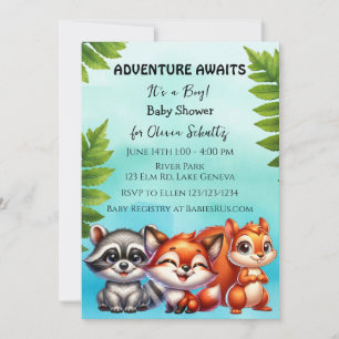 Adventure Awaits   Woodland Creatures Baby Shower Invitation