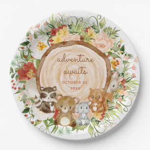 Adventure Awaits Woodland Creatures Baby Shower Paper Plate