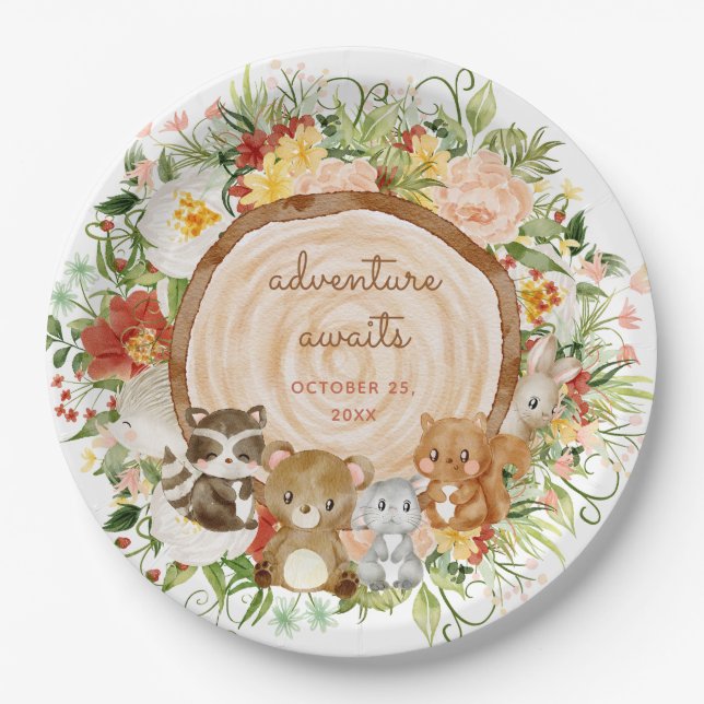 Adventure Awaits Woodland Creatures Baby Shower Paper Plate (Front)