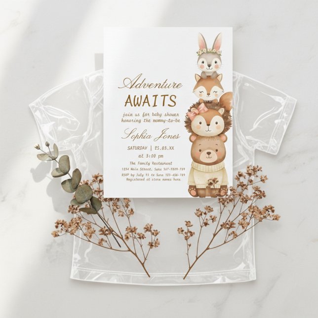 Adventure Awaits Woodland Cute Animals Baby Shower Invitation (Creator Uploaded)