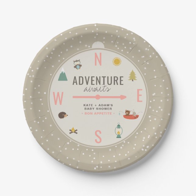 Adventure Awaits Woodland Girl Baby Shower Paper Plate (Front)