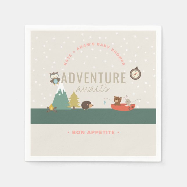 Adventure Awaits Woodland Girl Pink Baby Shower Napkin (Front)
