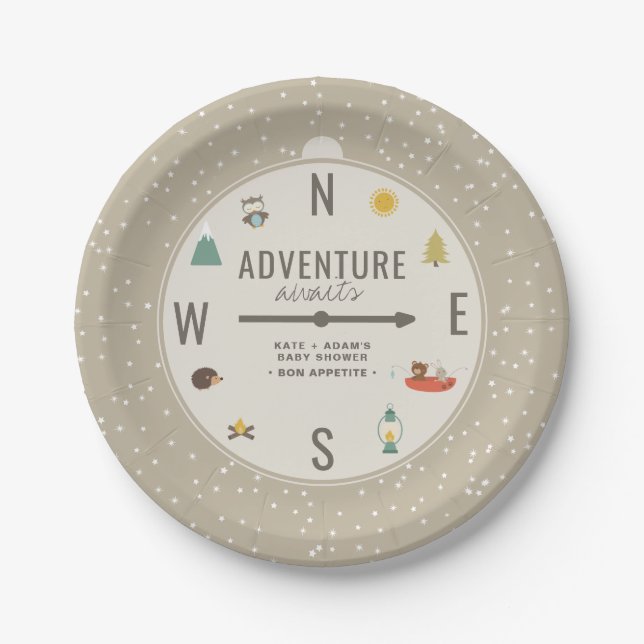 Adventure Awaits Woodland Neutral Baby Shower Paper Plate (Front)