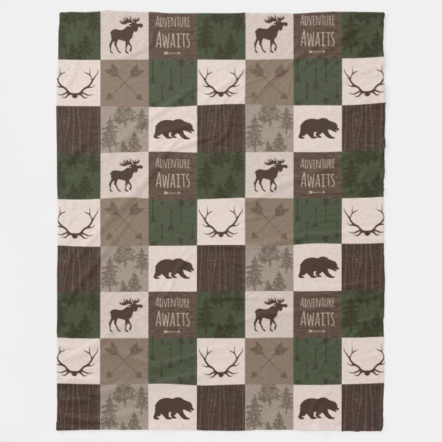 Adventure Awaits woodland Patchwork- green/brown Fleece Blanket (Front)