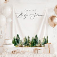 Adventure awaits woodland pine trees baby shower