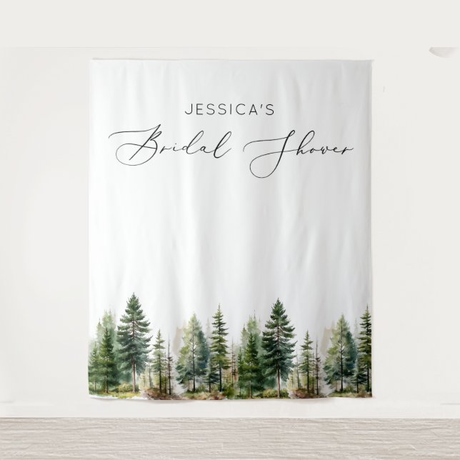 Adventure awaits woodland pine trees bridal shower tapestry (Front)