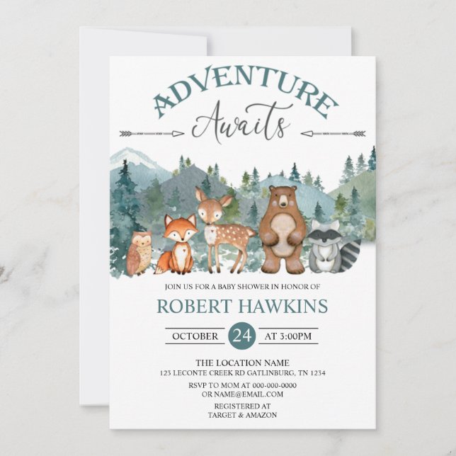 Adventure Awaits Woodland Rustic Baby Shower Invit Invitation (Front)