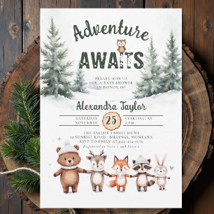 Adventure Awaits Woodland Snow Winter Baby Shower Invitation