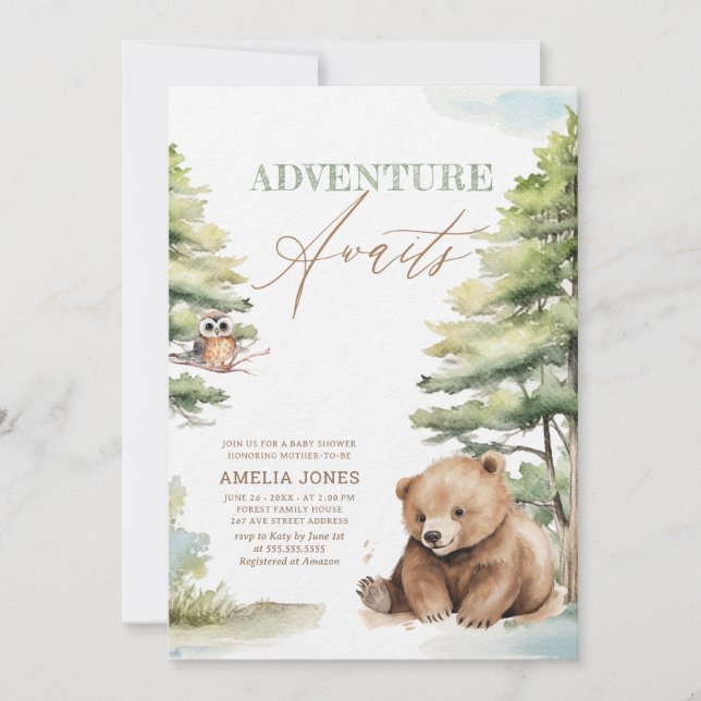 Adventure Awaits Woodland Teddy Bear Baby Shower Invitation (Front)