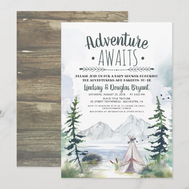 Adventure Awaits Woodsy Mountains Baby Shower Invitation (Front/Back)