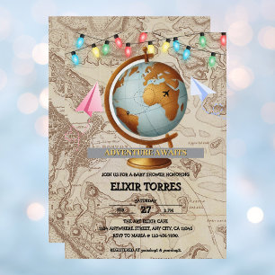 Adventure Awaits World Map Baby Shower Invitation