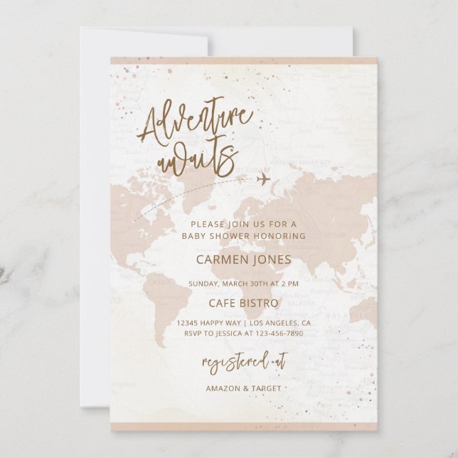 Adventure Awaits World Map Baby Shower Invitation (Front)