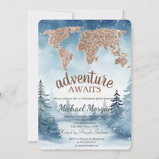 Adventure Awaits World Map Blue Forest Retirement Invitation (Front)