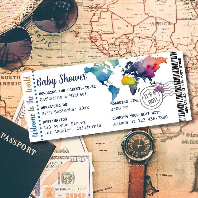 Adventure Awaits World Map Boarding Pass Shower  Invitation (Creator Uploaded)