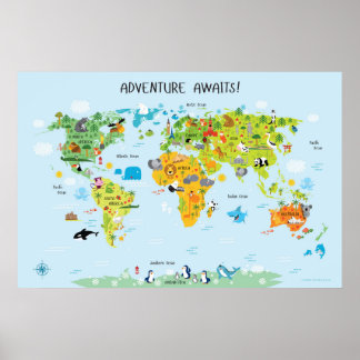 Adventure Awaits World Map for Kids Poster