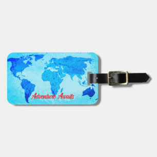 Adventure Awaits World Map Gift Favour Teal Blue  Luggage Tag